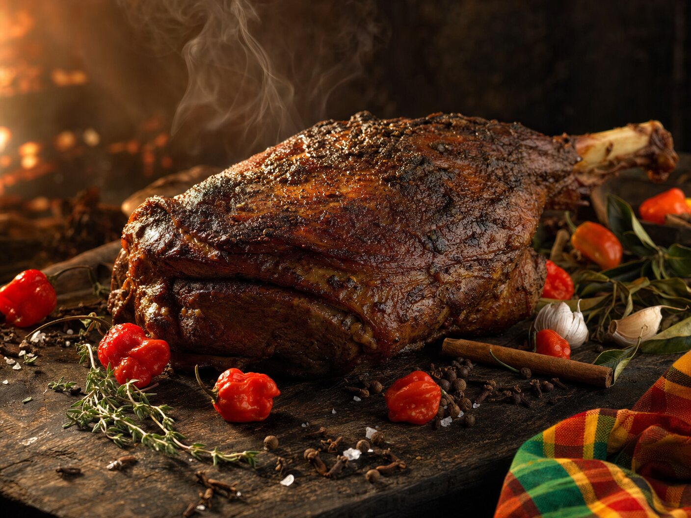 Gigot d'agneau fumé avec os, épices pays, piments et madras