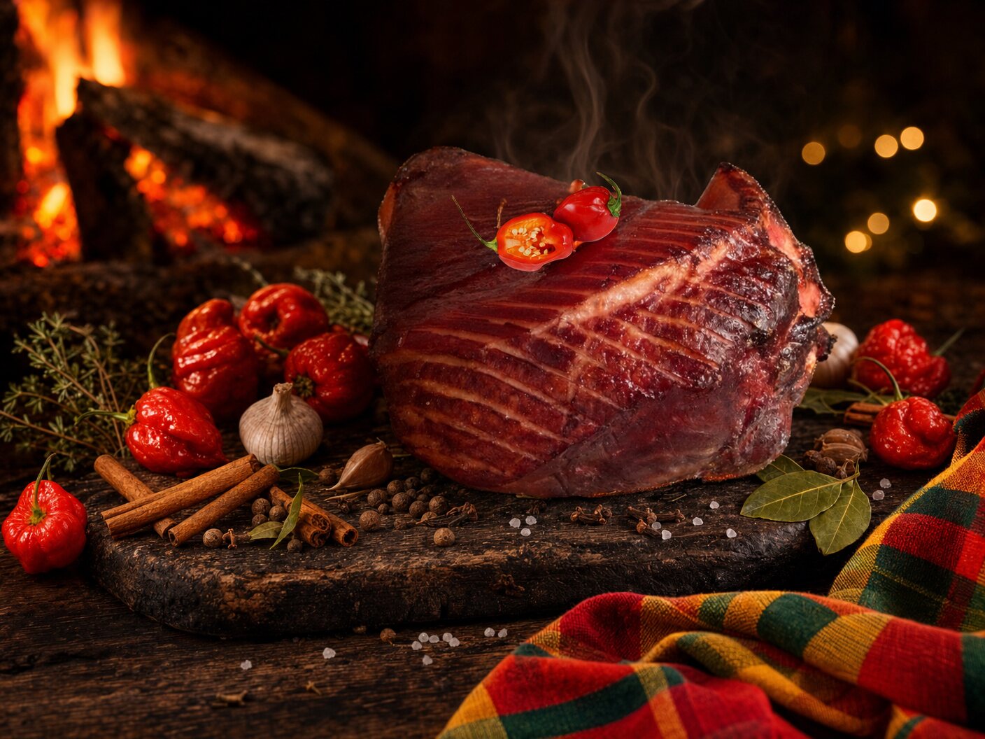 Jambon Nwèl fumé au feu de bois sur planche, piments, cannelle, girofle et madras